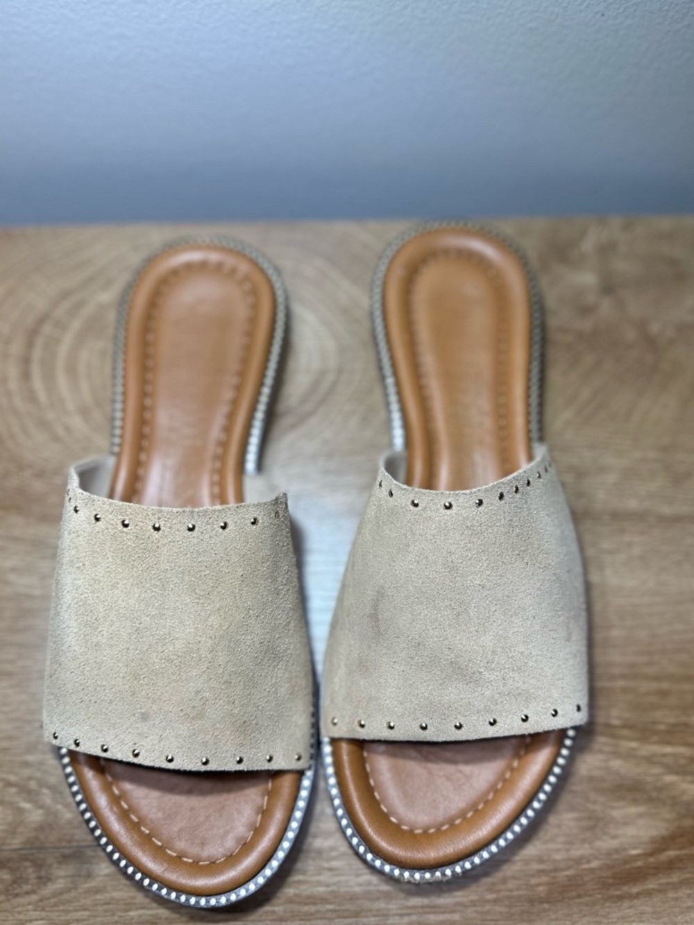 Classic Beige Suede Slide Sandals with gold detail. Super comfy women’s 7.5 - Picture 2 of 3